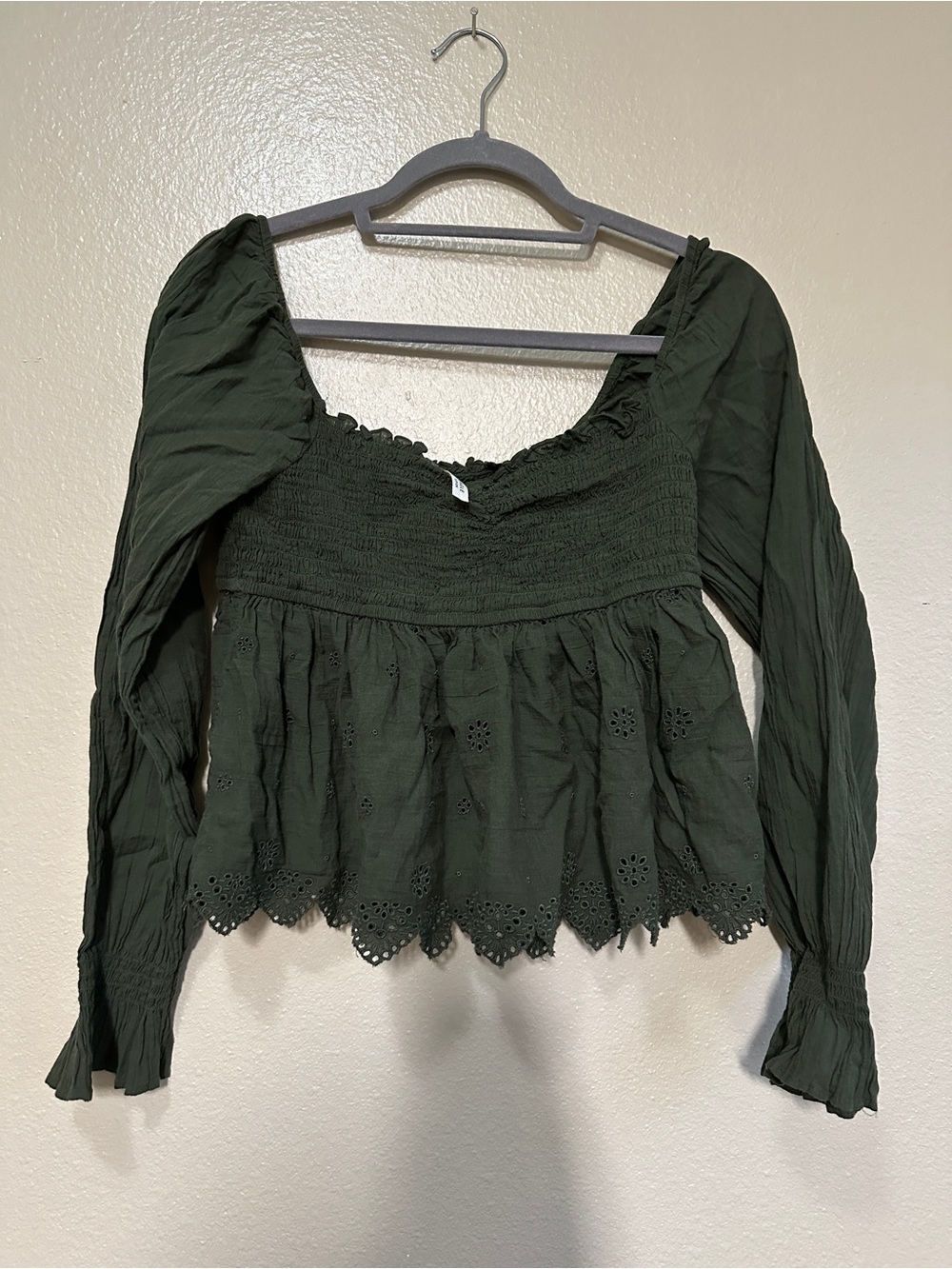 American Eagle Outfitters Olive Green Smocked Eyelet Peasant Top